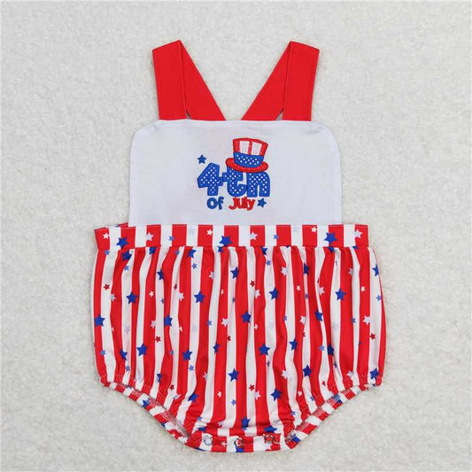 SR0810 Embroidery Baby Infant Boys Stars 4th Of July Straps Stripes Rompers
