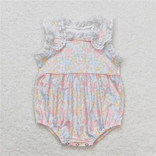 SR1261   Baby Girls Orange Flowers Ruffle Sleeveless Bubble Rompers