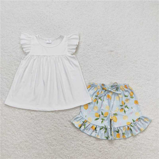 GSSO0870 Solid color flying sleeve lemon blue shorts set