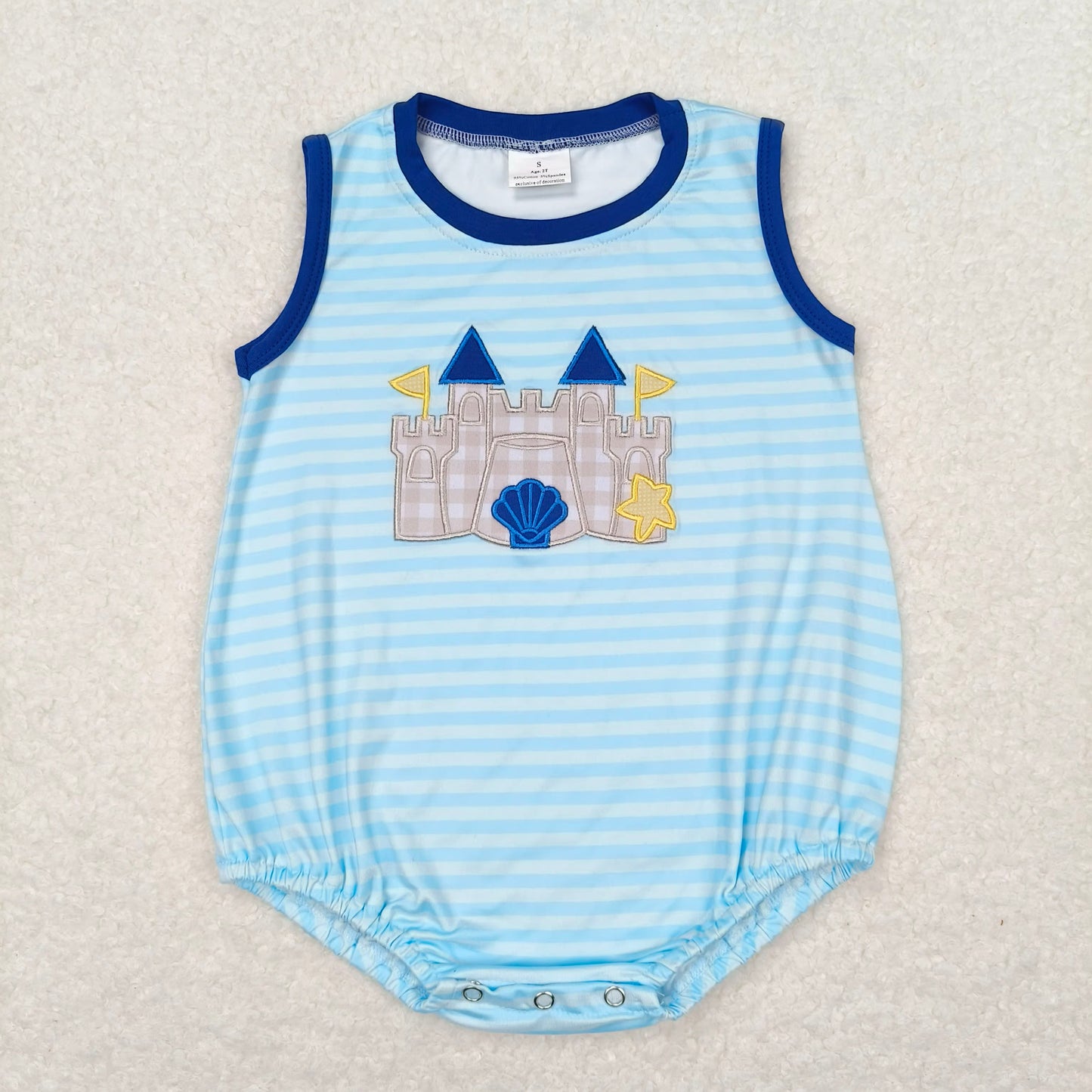 SR1318 RTS NO MOQ Baby Boys Summer Rompers Baby Girls Boys Castle Embroidery Beach Sibling Clothes Sets