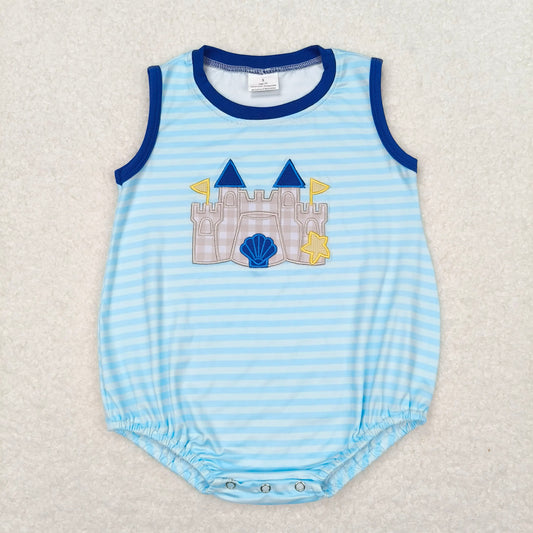 SR1318 RTS NO MOQ Baby Boys Summer Rompers Baby Girls Boys Castle Embroidery Beach Sibling Clothes Sets