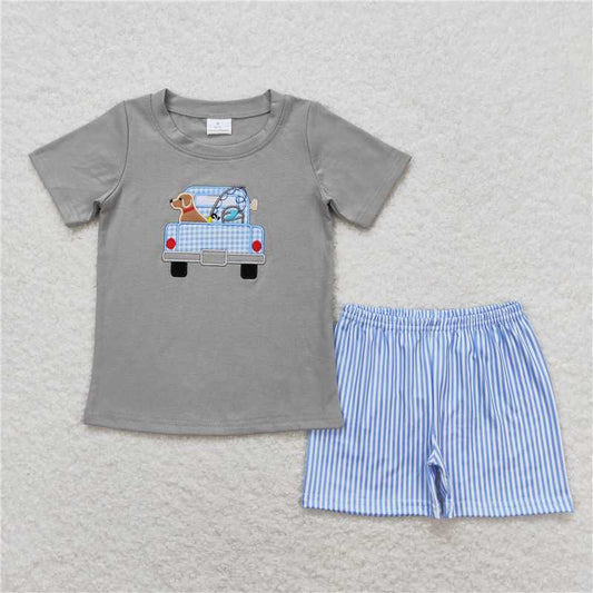 BSSO0664 Baby Boys Dog Fishing Sibling Rompers Clothes Sets