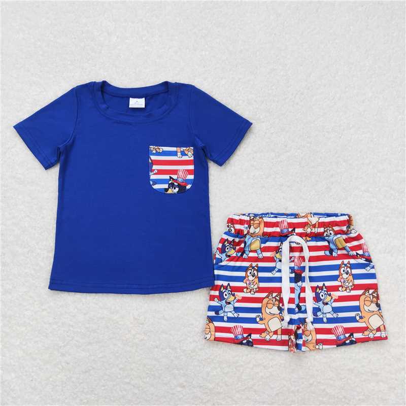 BSSO0513RTS NO MOQ Baby Boys Summer Boys Outfits  Baby Boys 4th Of July Dogs Pocket Top Shorts Clothes Sets