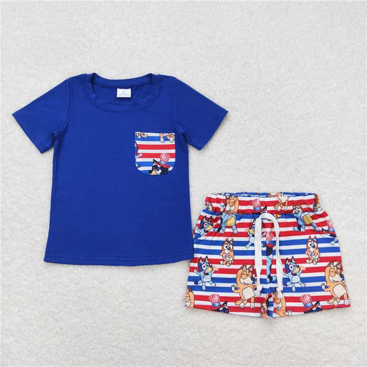 BSSO0513RTS NO MOQ Baby Boys Summer Boys Outfits  Baby Boys 4th Of July Dogs Pocket Top Shorts Clothes Sets