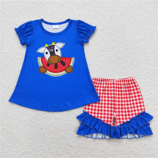 GSSO1048 Cow watermelon blue short-sleeved red plaid lace shorts suit