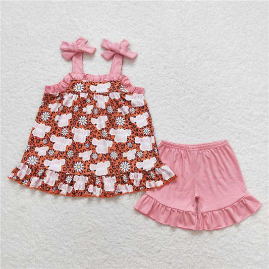 GSSO0568 Daddy's girl leopard print suspenders pink shorts suit