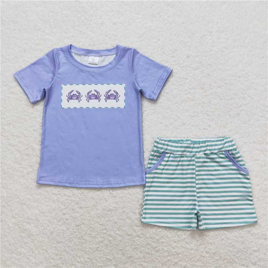 BSSO0637 Baby Boys Blue Crabs Shirt Green Stripes Shorts Clothes Sets