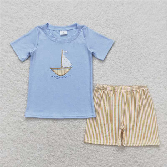 BSSO0602 RTS NO MOQ Baby Boys Summer Boys Outfits Baby Boys Sailboat Blue Short Sleeve Shirt Shorts Clothes Sets