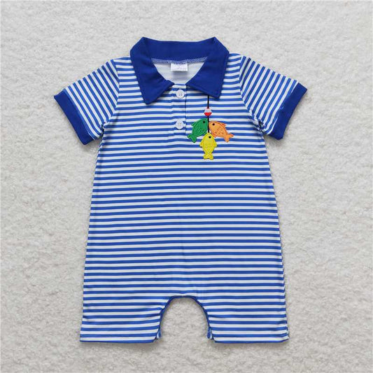 SR1045 RTS NO MOQ Baby Boys Summer Rompers Baby Boys Fishing Blue Stripes Sibling Brother Summer Clothes Sets