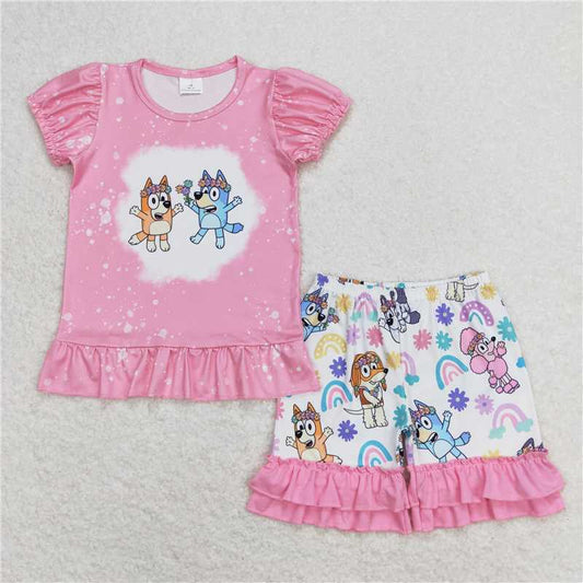 GSSO0823 bluey rainbow flower pink short-sleeved shorts set