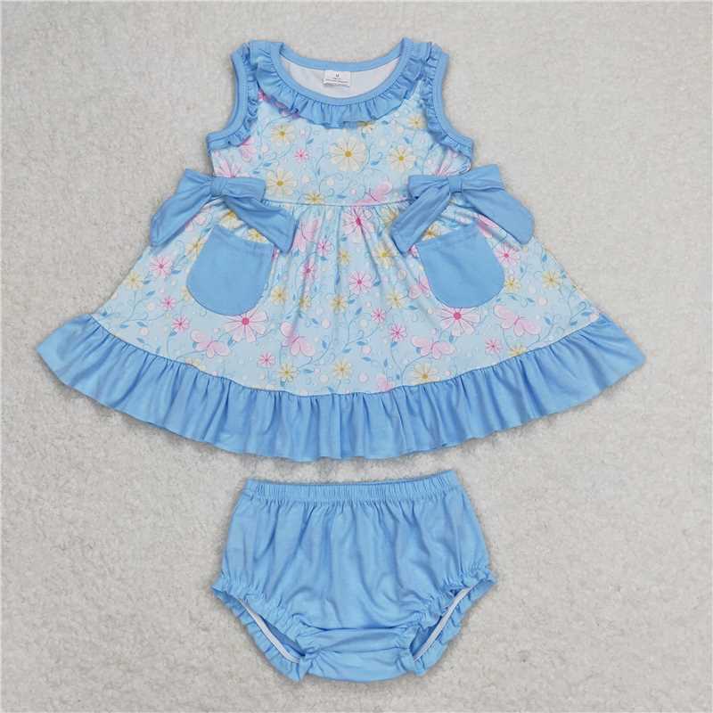 GBO0290  Baby Girls Blue Pocket Pink Flowers Sleeveless Top Summer Bummies Clothes Sets
