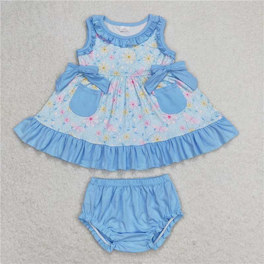GBO0290  Baby Girls Blue Pocket Pink Flowers Sleeveless Top Summer Bummies Clothes Sets