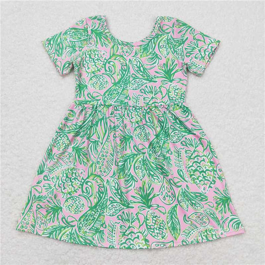 GSD1113  RTS NO MOQ Baby Girls Summer Dress Seaweed pattern pastel green short-sleeved dress