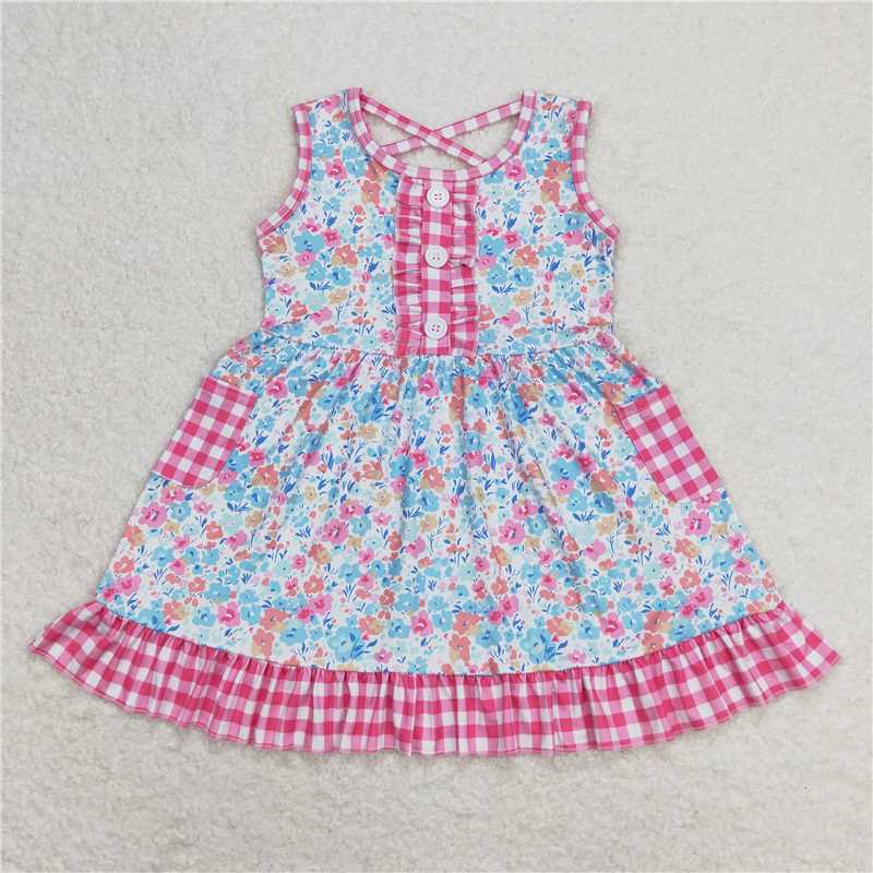 GSD0950  Floral Rose Red Plaid Pocket Sleeveless Dress