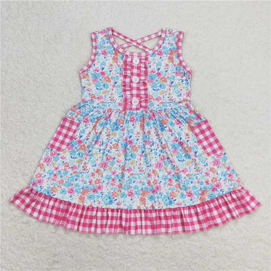 GSD0950  Floral Rose Red Plaid Pocket Sleeveless Dress