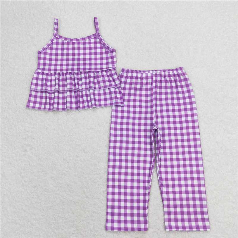 GSPO1379 Purple and white plaid lace suspender trousers set