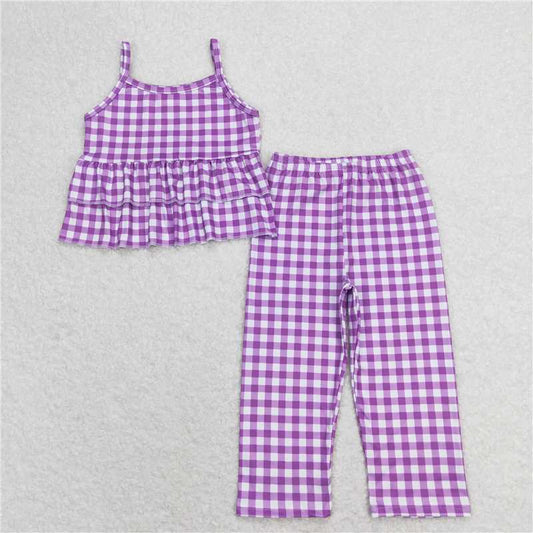 GSPO1379 Purple and white plaid lace suspender trousers set