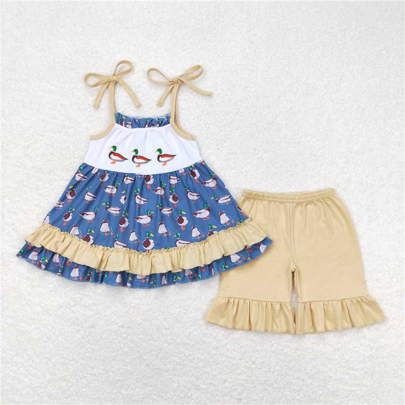GSSO0697 Embroidered duck light brown lace blue suspender shorts set
