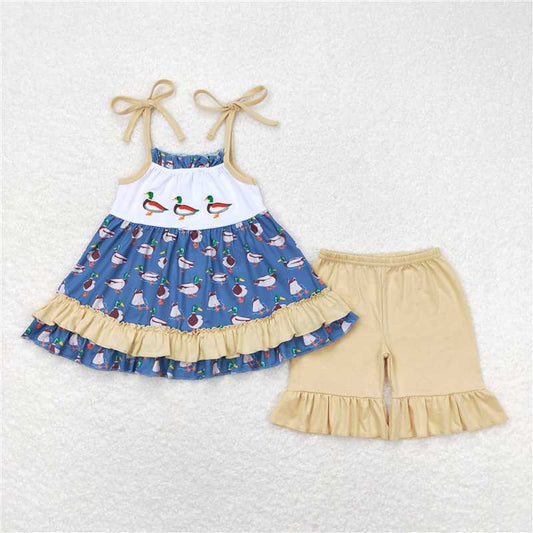 GSSO0697 Embroidered duck light brown lace blue suspender shorts set