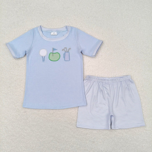 BSSO0686 RTS NO MOQ Baby Boys Summer Boys Outfits Baby Boys Blue Golf Tee Shirt Stripes Shorts Clothes Sets