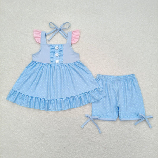 GSSO0973 Lace polka dot blue flying sleeve shorts set