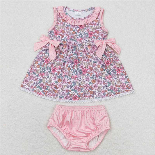 GBO0313RTS NO MOQ Baby Girls Summer Outfits  Baby Girls Pink Flowers Bows Tunic Top Bummies Clothes Sets