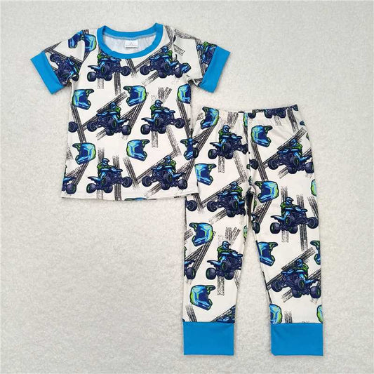 BSPO0354 Baby Boys Blue Motobike Shirt Top Pants Pajamas Clothes Sets