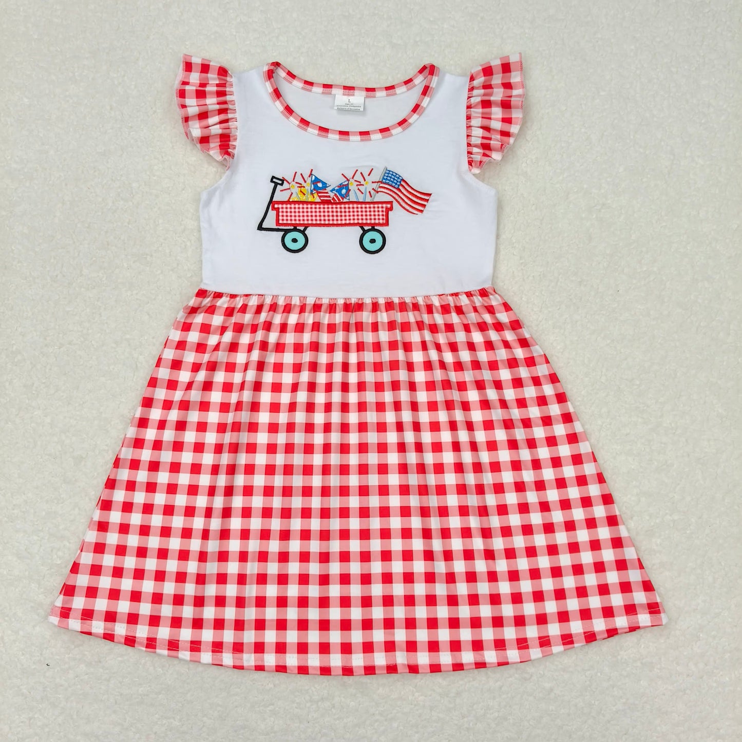 GSD0843 Embroidery  Red plaid flutter sleeves flag girls patriotic dresses