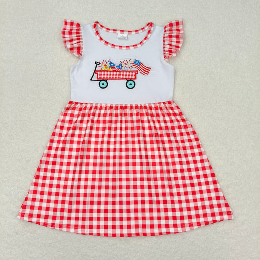 GSD0843 Embroidery  Red plaid flutter sleeves flag girls patriotic dresses