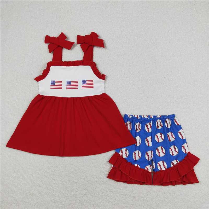 GSSO0736 National flag red lace suspenders baseball navy blue shorts set