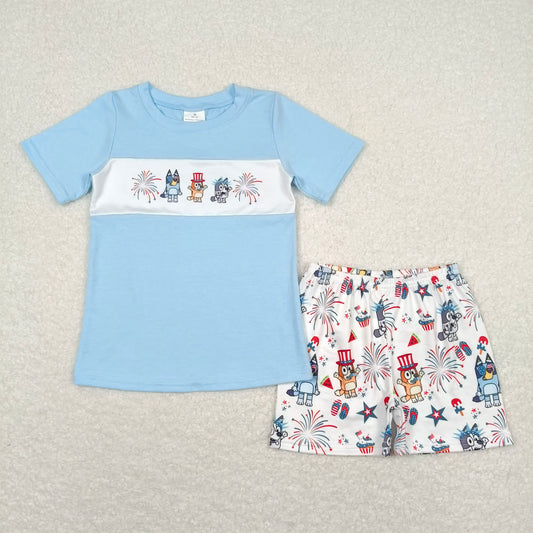 BSSO0792 Baby Boys Blue Dogs 4th Of July Shirt Top Shorts Clothes Sets