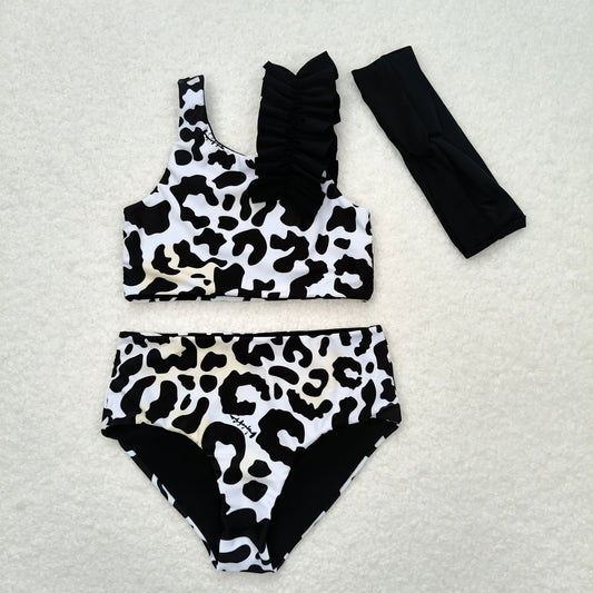 S0224  Baby Infant Girls Black Cow Print 3pcs Swimsuits