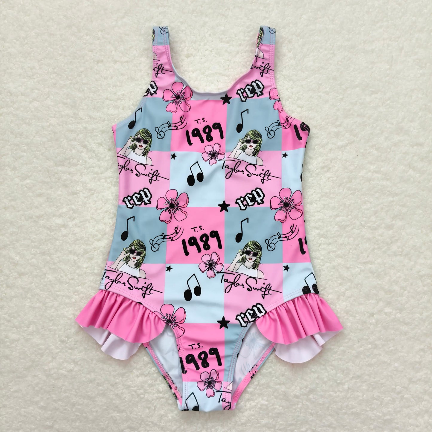 Girls Sleeveless Swimsuit Pink Popsicle Firework Design 4th of July Patriotic Swimwear for Kids