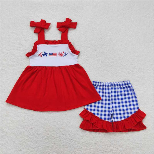 GSSO0611 RTS NO MOQ Children Clothes Summer Girls Outfits Embroidered airplane flag fireworks red lace suspenders blue and white plaid shorts set
