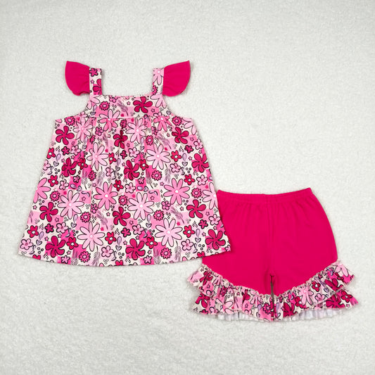 GSSO1005 Flower fuchsia lace sleeveless shorts set