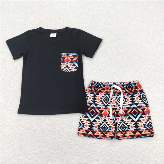 BSSO0678 Baby Boys Western Black Shirt Aztec Shorts Clothes Sets