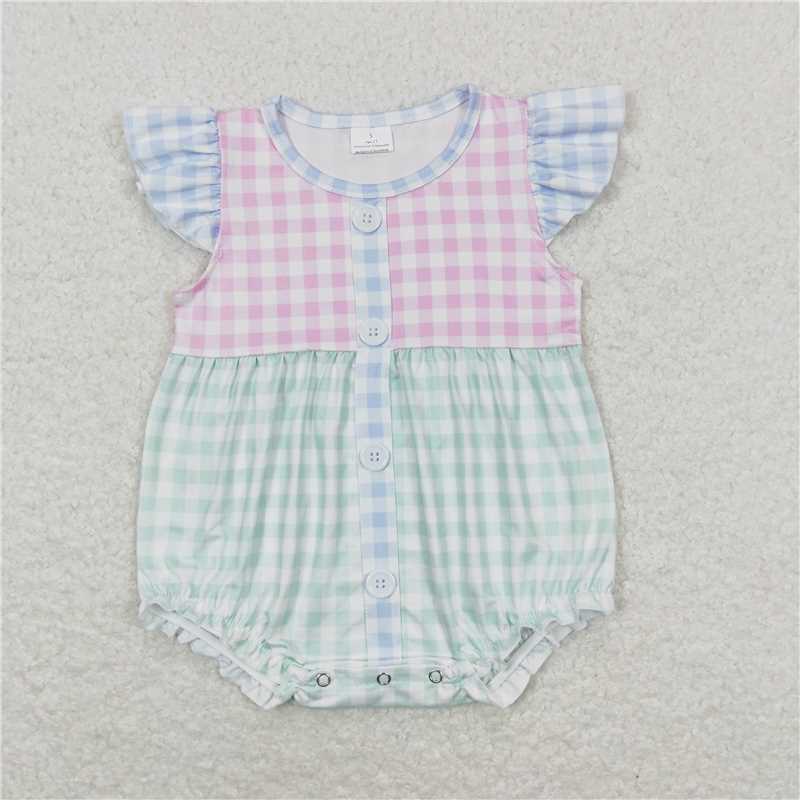 SR1201  Baby Infant Girls Pink Green Checkered Rompers