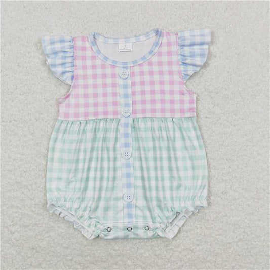 SR1201  Baby Infant Girls Pink Green Checkered Rompers