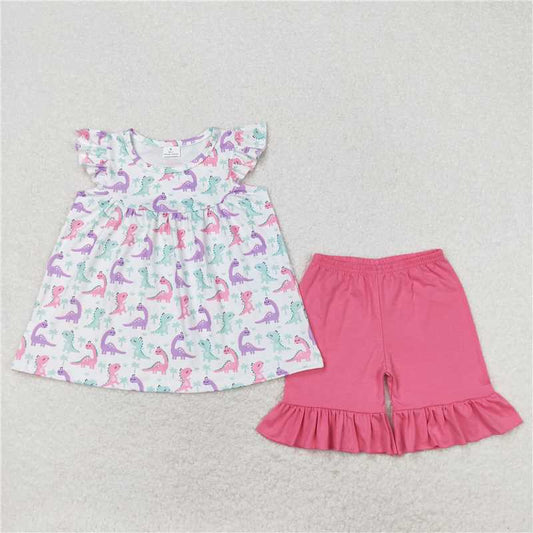 GSSO0787 Dinosaur white flying sleeves pink shorts set