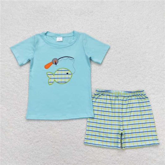 BSSO0798  Baby Boys Fishing Shirt Top Checkered Shorts Clothes Sets