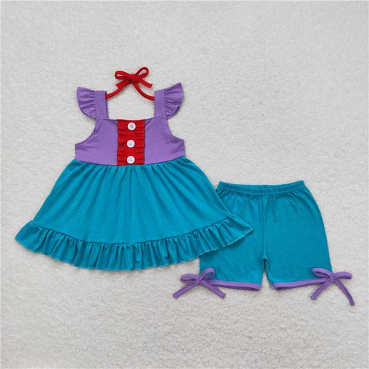 GSSO0970 Red lace purple and green flying sleeve shorts set
