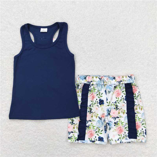 GSSO1062 Flower bow solid color sleeveless navy blue lace shorts set