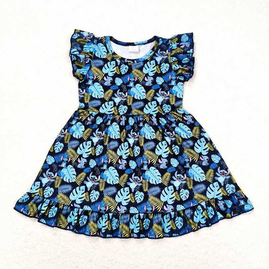 GSD0863 Cartoon Stitch leaf blue flying sleeve dress