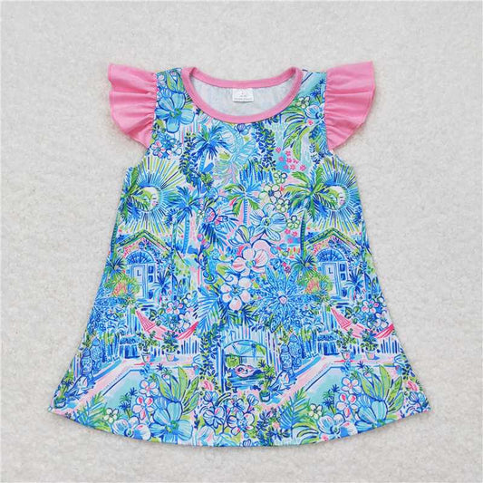 GT0563  RTS NO MOQ Baby Girls Summer Tops Pink flutter sleeves watercolor floral girls shirt