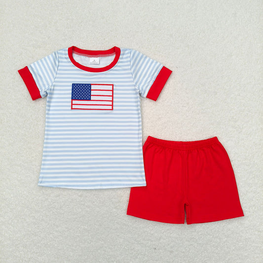 BSSO0684 RTS NO MOQ Baby Boys Summer Boys Outfits Embroidery  Baby Boys Flag Blue Stripes Shirt 4th Of July Shorts Clothes Sets