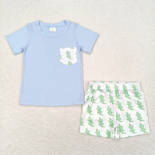 BSSO0782 Baby Boys Blue Pocket Shirt Top Crocodile Shorts Clothes Sets