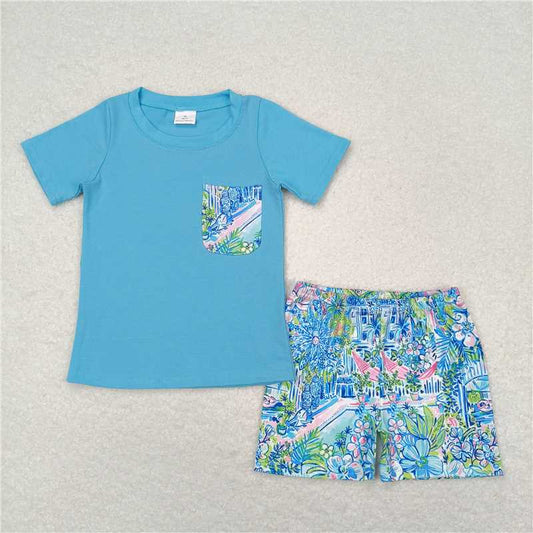 BSSO0840 RTS NO MOQ Baby Boys Summer Boys Outfits Baby Boys Blue Top Floral Shorts Set
