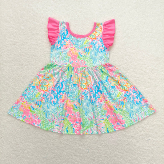 GSD1137  Flutter sleeves watercolor fish seaweed girls summer dress