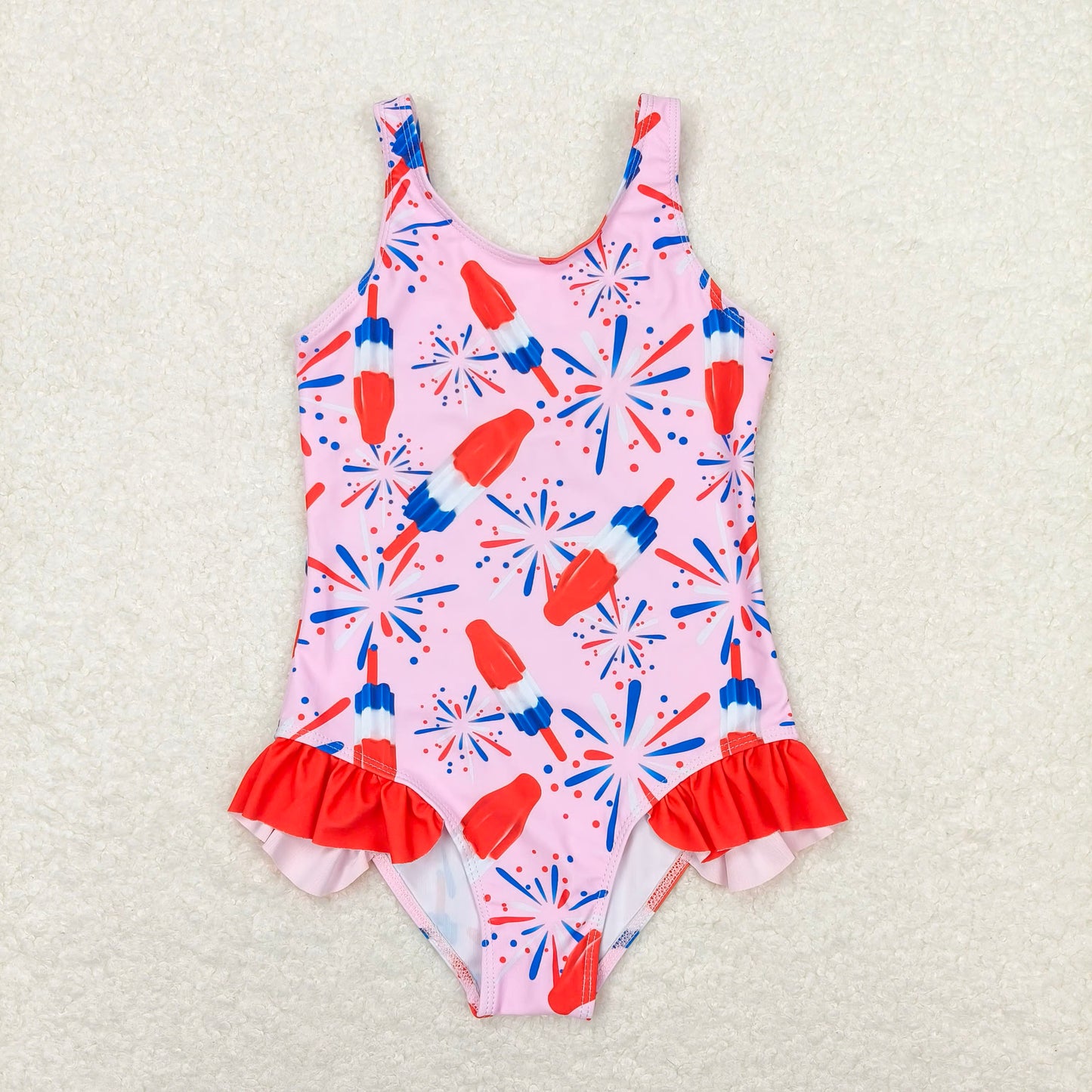 Girls Sleeveless Swimsuit Pink Popsicle Firework Design 4th of July Patriotic Swimwear for Kids