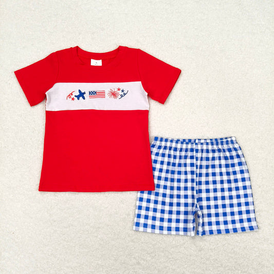 BSSO0584 Embroidery  Baby Boys 4th Of July Flag Red Shirts Summer Shorts Clothes Sets